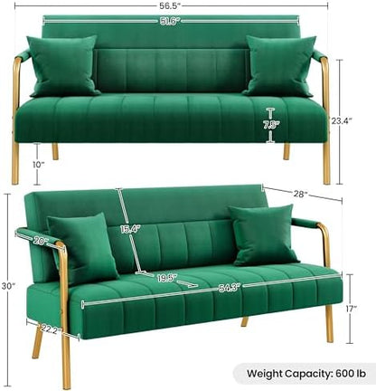 Yaheetech 56.5" Small Sofa 2 Seater Couch with Gold-Tone Legs, Green