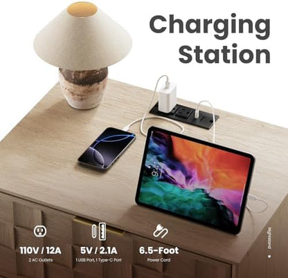 COLAMY Night Stand Bedside Table with Charging Station, Modern Wooden Nightstand 2 Drawers Dresser with Chessboard Relief and Charger for Bedroom, Living Room and Small Space - Oak