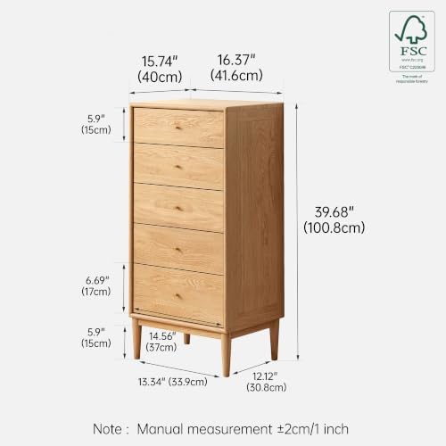 Solid Wood Nightstand, Oak Wood 5 Drawers Nightstand for Bedroom, Natural Wood Side Table, 16.38" W×15.75" D×39.69" H