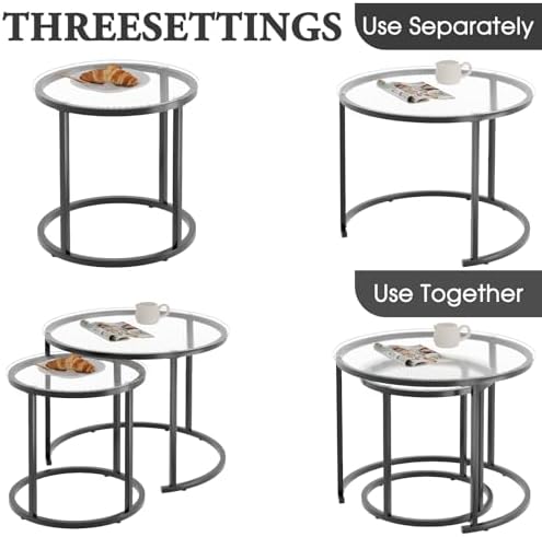 aboxoo Gold Nesting Coffee Table Set of 2, Small Glass Round Nesting Tables for Living Room Bedroom, Accent Tea Table with Black Metal Frame Modern Industrial Simple