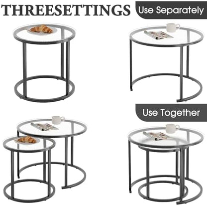 aboxoo Gold Nesting Coffee Table Set of 2, Small Glass Round Nesting Tables for Living Room Bedroom, Accent Tea Table with Black Metal Frame Modern Industrial Simple