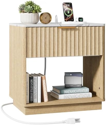 Fluted Nightstand with Charging Station, 23" W Night Stand with Faux Marble Top & Metal Handle, FSC-Certified Wood, Modern End Table, Bedside Table for Bedroom, Curved Corners, Natural Oak