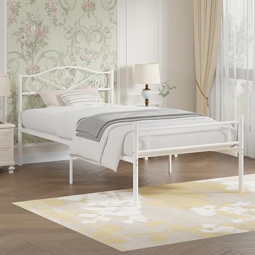 VECELO 14 Inch Twin Size Metal Platform Bed Frame with Headboard and Footboard, Heavy Duty Mattress Foundation with Steel Slats Support, No Box Spring Needed, White