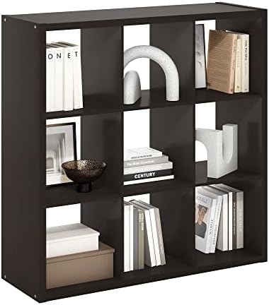 9-Cube Bookshelf, Cubicle Shelf Bookcase with Open Back, Position Reversible Book Shelf, 15 x 44 x 44, for Home Office, Living Room, Dark Oak