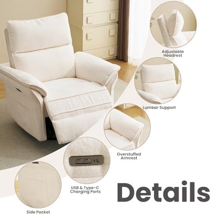 Oversized Rocking Chair Nursery with Massage and Heat, Glider Recliner Nursery Chair with Adjustable Headrest, Power Swivel Rocker Recliner Chair with USB Port, White
