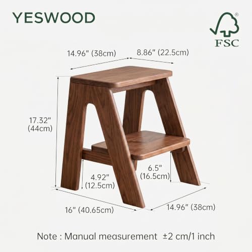 100% Solid Oak Wood 3 Step Stool, Multifunctional 3-Tier End Table Nightstand Plant Stand Counter Barstool Dining Stool for Living Room Bedroom Kitchen (Walnut, 2-Tier)