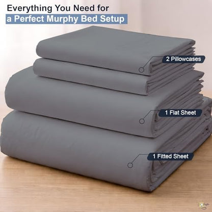 Cottington Lane Stone Grey Sheets for Murphy Bed Mattress, 4 Piece Premium Ultra Soft Brushed Microfiber Queen Size Wall Bed Sheet Set, 6-10 Inch Deep Pocket with All-Around Elastic