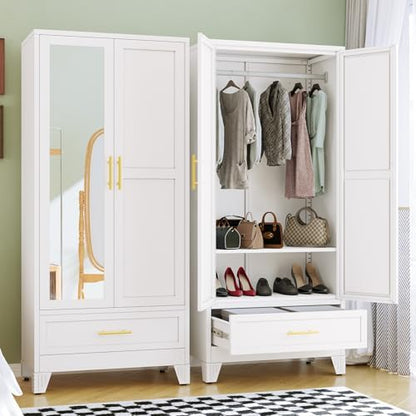 RIETERN Metal Armoire Wardrobe Closet, 71" Bedroom Closet with Mirror White