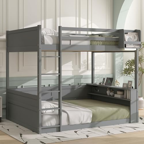 Queen over Queen Bunk Bed with Ladders, Solid Wood Bunk Beds with LED Lights, Built-in Shelves and USB Ports, Floor Bunk Bed Frame for Kids, Boys, Girls, No Spring Box Needed, Gray