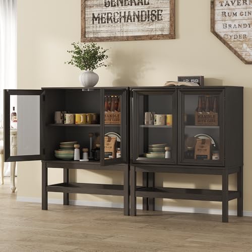 Sideboard Buffet Cabinet with Storage Set of 2, Small Kitchen Coffee Wine Bar Cabinet with Glass Doors, Wood Mid Century Modern Side Board for Living Room, Dark Brown