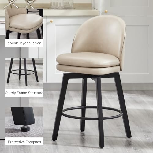 KISLOT Counter Height Barstools 26 inch Upholstered Swivel Bar Stools with Back and Wood Legs for Kitchen Island,Set of 4,Cream PU Leather-Armless