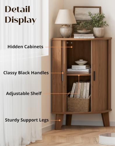 Corner Cabinet with Sliding Door and Storage, Small Bathroom Cabinet for Living Room, Kitchen, Corner Shelf Display Hutch Furniture, Walnut