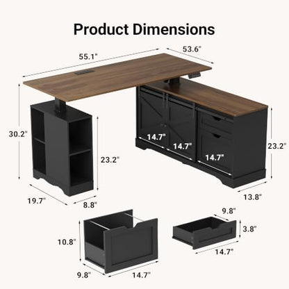Claiks 55” L Shaped Desk with Storage, Home Office Workstation, Black