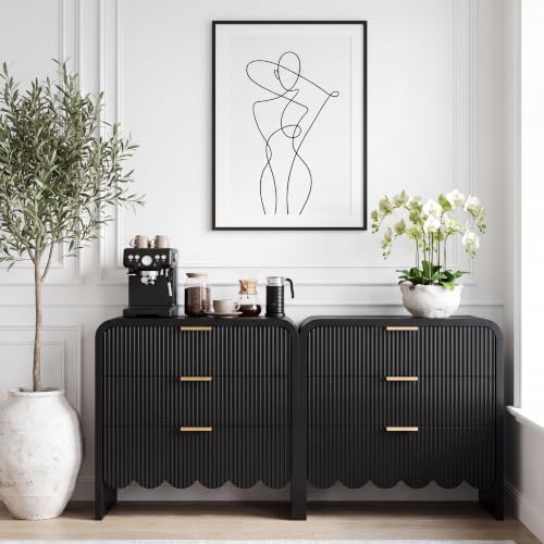 Scalloped Black 3 Drawer Dresser for Bedroom, 32'' Wide Large Drawer Nightstand,3 Drawer End Table Living Rooms, Offices, and Entryway