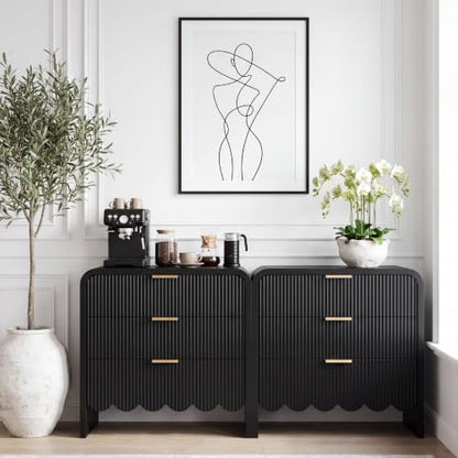 Scalloped Black 3 Drawer Dresser for Bedroom, 32'' Wide Large Drawer Nightstand,3 Drawer End Table Living Rooms, Offices, and Entryway