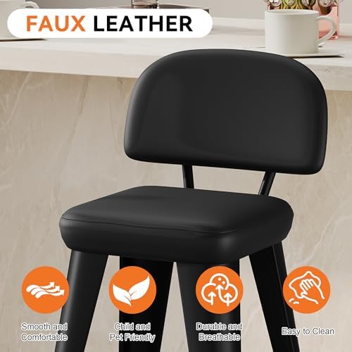 Aklaus PU Leather Metal Bar Stools 26 inch Faux Leather Counter Height Barstools Set of 4 Modern Farmhouse Bar Chairs with High Back and Faux Leather Seat for Kitchen Island Dining Room Matte Black