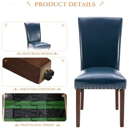 MALOL High Back Dining Chairs Set of 4, Leather Dining Room Chair with Wood Legs and Nailhead Trim, Modern Padded Kitchen Chairs for Dining Room/Restaurant, Blue