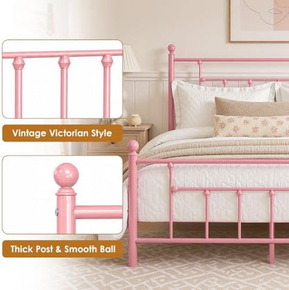 VECELO Full Size Metal Platform Bed Frame with Headboard and Footboard, Heavy Duty Slat Support/No Box Spring Needed Mattress Foundation/Underbed Storage Space, Victorian Style