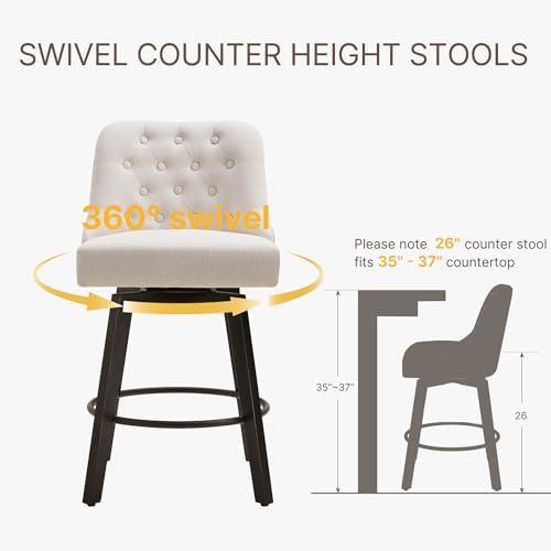 KISLOT Swivel Barstools, 26" Counter Height, 2-Pack, Linen