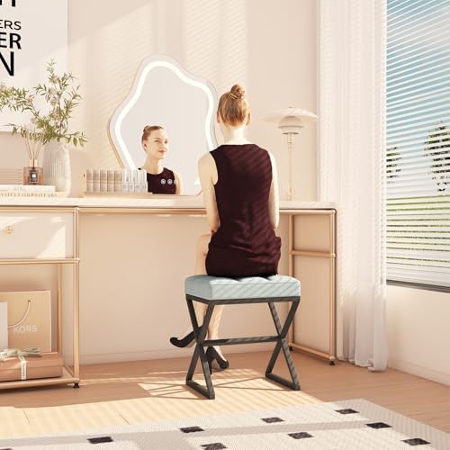 YMYNY Vanity Stool, Linen Footrest Stool, Ottoman Bench with X-Shaped Metal Legs, Makeup Dressing Stool for Vanity, Living Room, Bedroom, Entryway, Hallways 15.74"D×11.81"W×18.11"H Blue Gray UHBD033L