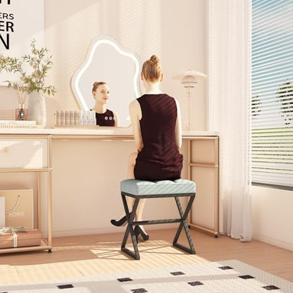 YMYNY Vanity Stool, Linen Footrest Stool, Ottoman Bench with X-Shaped Metal Legs, Makeup Dressing Stool for Vanity, Living Room, Bedroom, Entryway, Hallways 15.74"D×11.81"W×18.11"H Blue Gray UHBD033L