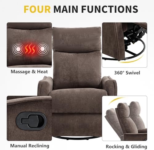 Trustyue Swivel Rocker Recliner Chair, 360° Swivel Recliner with Heat and Massage, Rocker Recliner Nursery Glider Chair with Side Pockets for Living Room (Brown, Fabric)