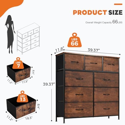 Sweetcrispy 9 Drawer Fabric Dresser Storage Tower Drawer Organizer, Brown
