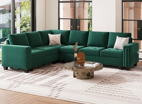 Belffin Modular Sectional Sofa L Shaped Couch with Reversible Chaises 6-Seater Convertible Sectional Sofa Couch Velvet Corner Sofa Green