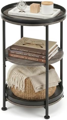 Dulcii 3-Tier Round Side Table with Tabletop Tray, Grey