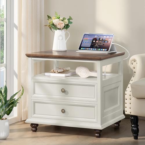 Joaxswe Farmhouse Nightstand with Charging Station, 24" Wide End Table with 2 Drawers,White Wood Dresser for Bedroom, Bed Side Table Chest of Drawers Cabinet,Night Stand for Living Room, Closet