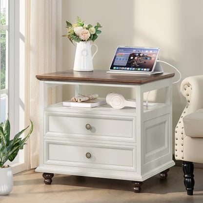 Joaxswe Farmhouse Nightstand with Charging Station, 24" Wide End Table with 2 Drawers,White Wood Dresser for Bedroom, Bed Side Table Chest of Drawers Cabinet,Night Stand for Living Room, Closet