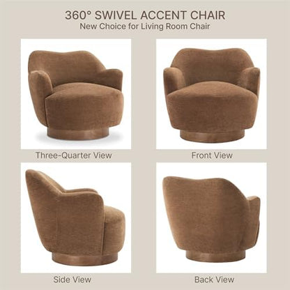 Swivel Accent Chair with Curved Arms, Wooden Base, Terracotta, Set of 2