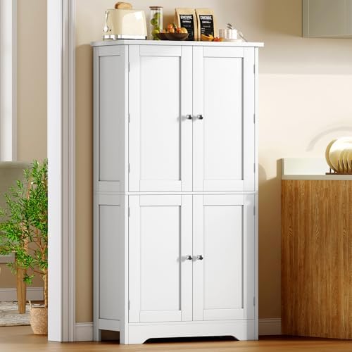 TEENFON Storage Cabinet, Pantry Cabinet with 4 Doors and 3 Storage Shelves, Kitchen Cabinet, Bathroom Storage Cabinet for Living Room, Small Space, Dining Room, 51”H White