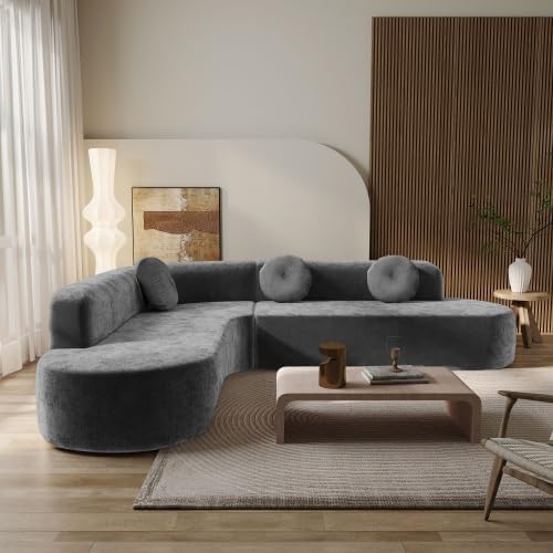 122'' Extra Large Sectional Sofa, Fully Compressed Sponge, Elegant Curved Design with Three Round Cushions, Soft Fabric Upholstery, High-Resilience Foam for Ultimate Comfort, Grey