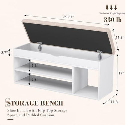 Apicizon 39 Inches Storage Bench with Padded Cushion, Shoe Bench with Storage Space, Upholstered Entryway Bench for Living Room, 2-Tier Shoe Rack Organizer, White