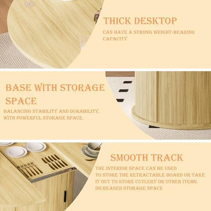 Dining Table for 4-6, 63“Extendable Round Dining Room Kitchen Table with 2-Tier Storage Shelf, Fluted Wood Table with Slide Door, Expandable Wood Oval Dinner Furniture with Pedestal Base (Oak)