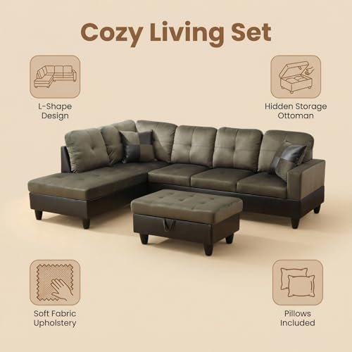 103.5 inch L-Shape Sofa with Storage Ottoman, Flannel Sectional Couch with Left Chaise, Modern 3-Piece Sofa Set, Upholstered Couch Set with Solid Wood Frame for Apartment, Loft, Taupe