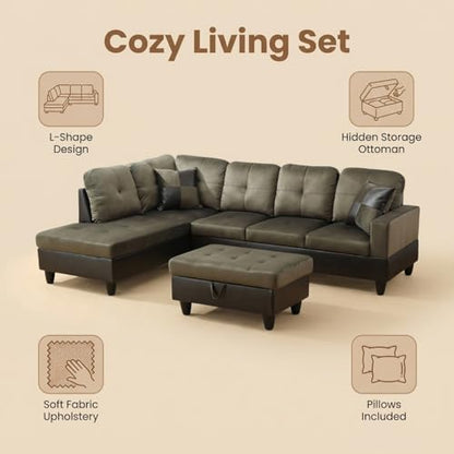 103.5 inch L-Shape Sofa with Storage Ottoman, Flannel Sectional Couch with Left Chaise, Modern 3-Piece Sofa Set, Upholstered Couch Set with Solid Wood Frame for Apartment, Loft, Taupe