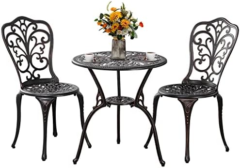 3 Piece Patio Set Outdoor Bistro Set,Cast Aluminum Bistro Table and Chairs Set of 2 with Umbrella Hole,All Weather Patio Bistro Sets for Front Porch Set Garden,Backyard(Brown)