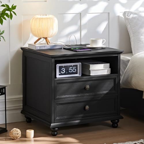 Joaxswe 24" Wide Farmhouse Nightstand Set of 2 with Charging Station,End Table with 2 Drawers,Black Wood Dresser for Bedroom Cabinet, Bed Side Table Chest of Drawers, Night Stand for Living Room