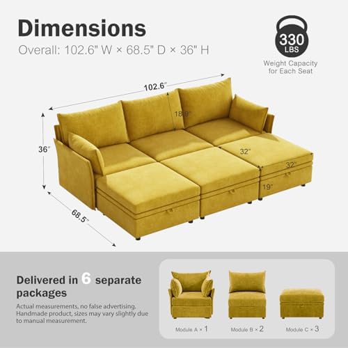 ABCASA 102.6" Modular Sleeper Sofa Bed, U Shaped Sectional Couch with Movable Stroage Ottoman, Large 6 Seat Couches for Living Room - Yellow Chenille