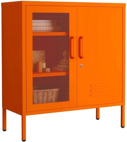 Orange Lockable Mesh & Metal Door Storage Cabinet, 3-Tier Heavy Duty Steel Locker with 2 Adjustable Shelves, Accent Cabinet for Living Room, Home Office, 33" H x 29.5" W x 13.8" D