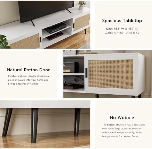 TV Stand with Rattan Doors for TVs up to 65", Mid-Century, White