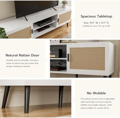 TV Stand with Rattan Doors for TVs up to 65", Mid-Century, White