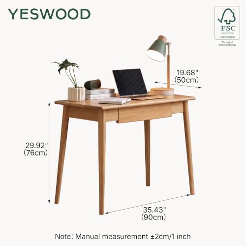 100% Solid Wood Home Office Desk, Oak Wood Writing Desk, Modern Computer Desk with Drawer for Sturdy Home Office Writing 35.43" W Natural Color