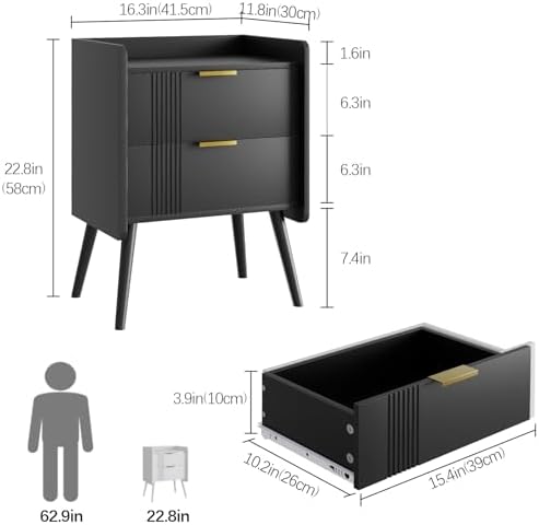 Aenuert Black Nightstand Modern Bedside Table with 2 Storage Drawer, Small Night Stand, Wooden Sofa Side Table for Bedroom, Study Room and Small Spaces