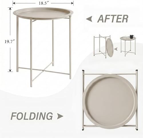 VECELO Side/End Table, Folding Round Metal Anti-Rust and Waterproof Outdoor or Indoor Tray for Living Room Bedroom Balcony and Office, 2 PCS, Grey
