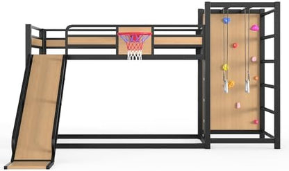 Twin Over Twin Metal Bunk Bed with Slide and Storage for Kids, Yellow
