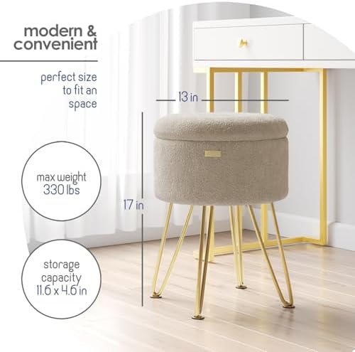 Round Ottoman with Storage, Boucle Storage Ottoman, Foot Stool Ottomans, Makeup Vanity Stool, Small Ottomans Foot Rest, Modern Vanity Stools for Living Room and Bedroom, Beige
