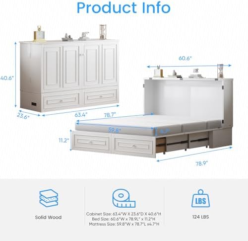 PUREMIND Queen Murphy Bed with Mattress Included, Hideaway Cabinet Bed with 2 Storage Drawers & USB Ports, Space‑Saving Bed for Guest Room, Apartment, Home Office, White